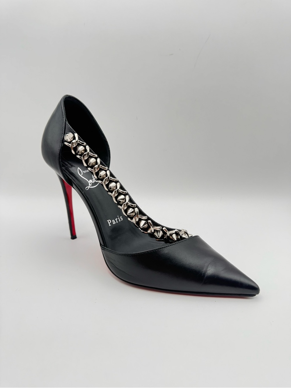 Christian Louboutin Deomina 100 Black Leather Spike Chain D’Orsay Pumps Heels